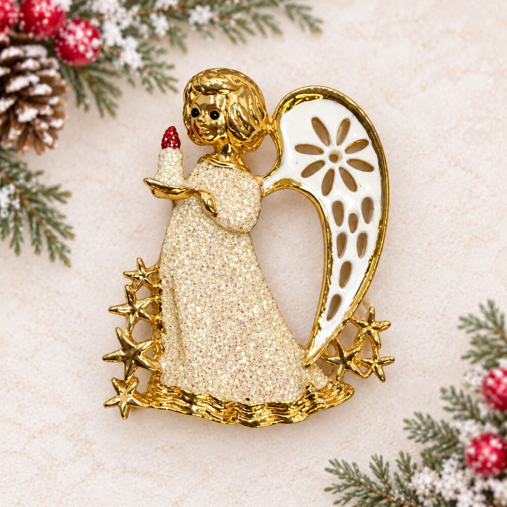 Vintage Christmas Angel Brooch Gold Tone Enamel Rhinestone Candle Pin